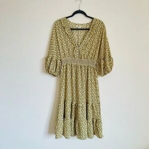 Yellow Floral Smocked Waist Midi Dress I Size XL I Puff Sleeve I Max Studio
